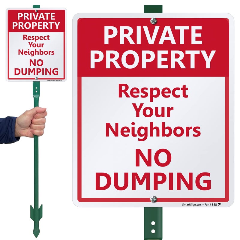 SmartSign علامة حديقة 12 × 10 بوصة "ملكية خاصة - احترم جيرانك، لا ت Dumping" مع دعامه بطول 3 أقدام، ألمنيوم مقاوم للصدأ بسمك 40 مل، أحمر وأبيض، مجموعة من 1، صنع في الولايات المتحدة - Image 2